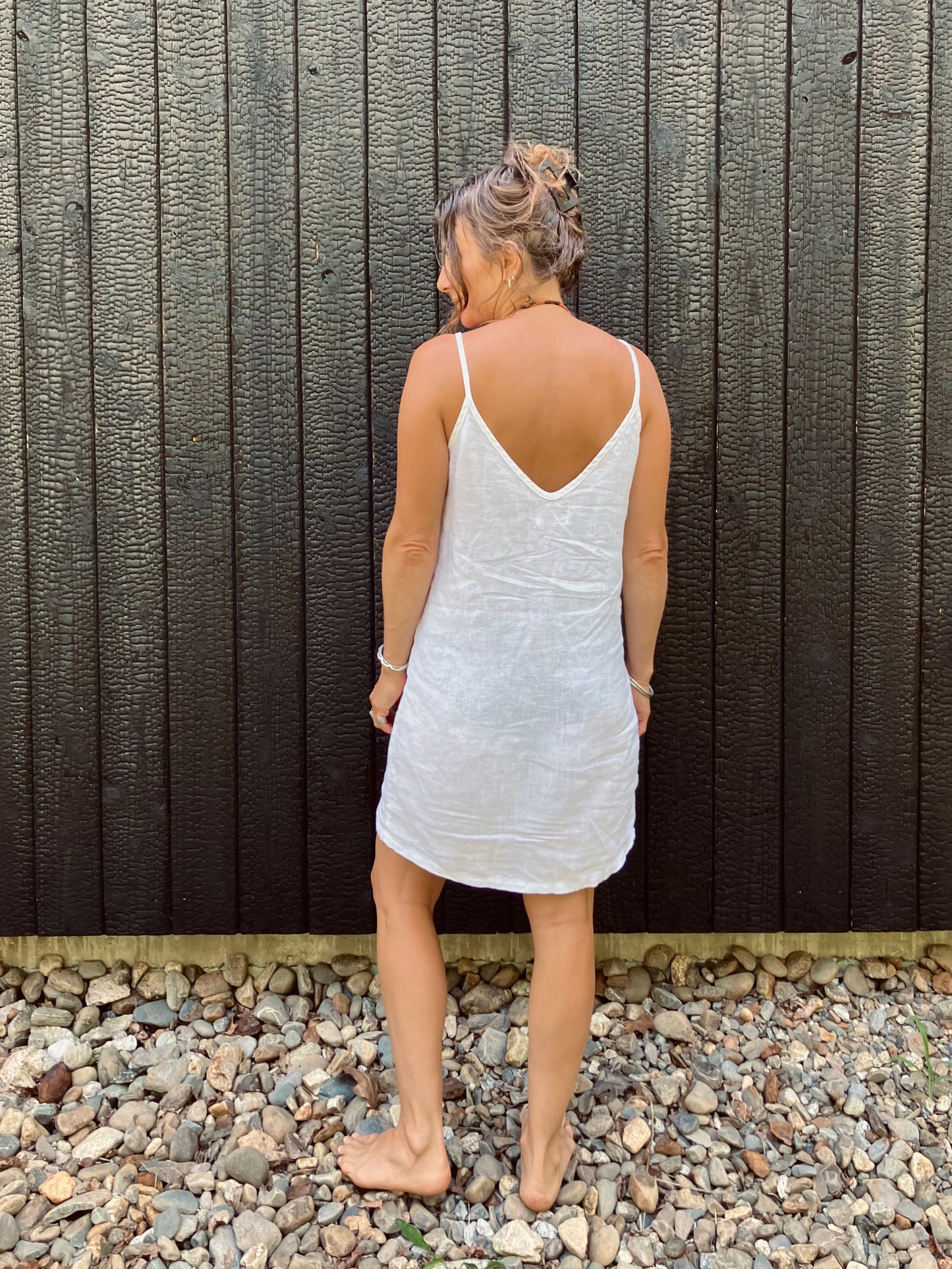 linen tank dress with tassels in salt