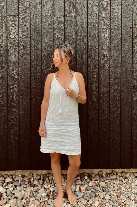 linen tank dress with tassels in salt