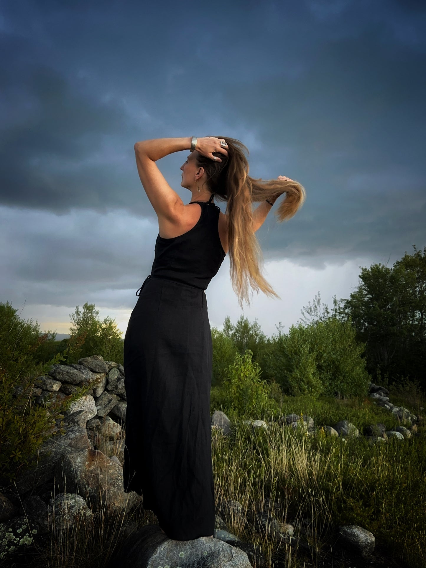 long black linen wrap dress
