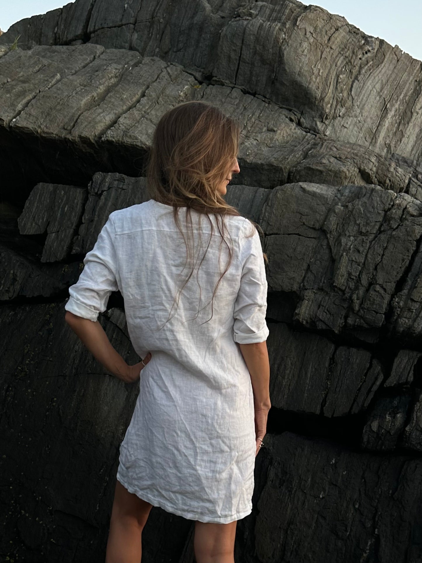 salt linen shift dress with tassel ties