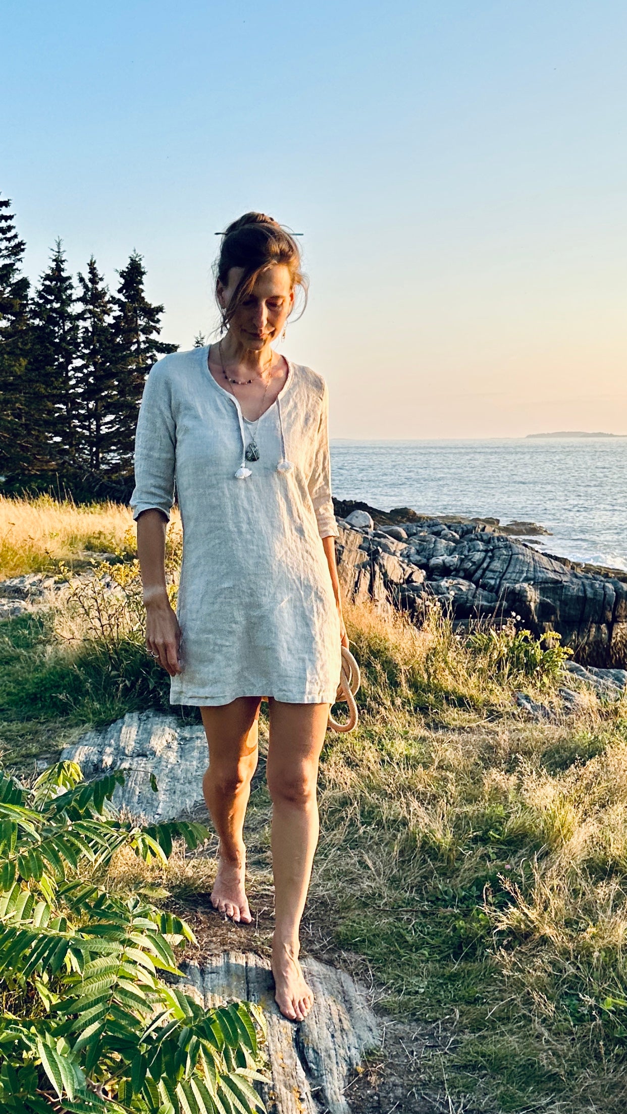 sand linen shift dress with tassel ties
