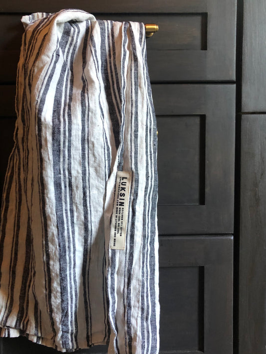 black and white striped linen tea towel