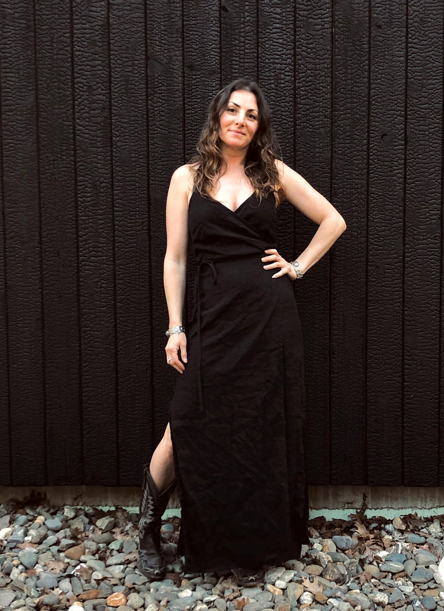 long black linen wrap dress