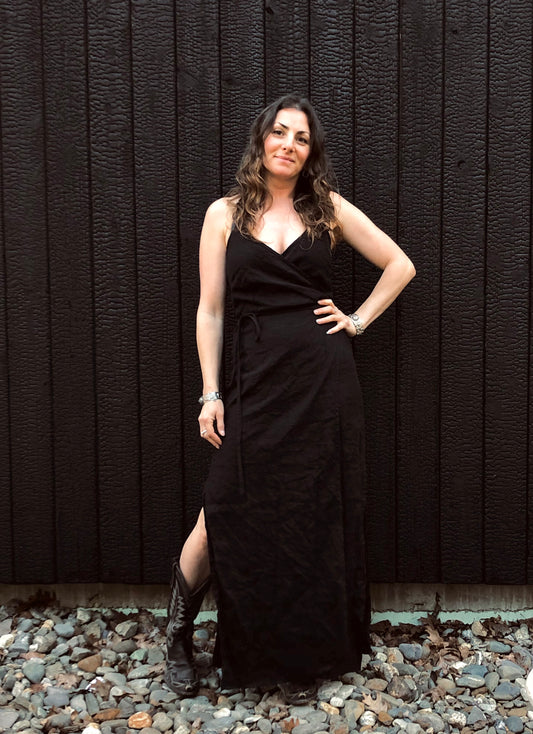 long black linen wrap dress
