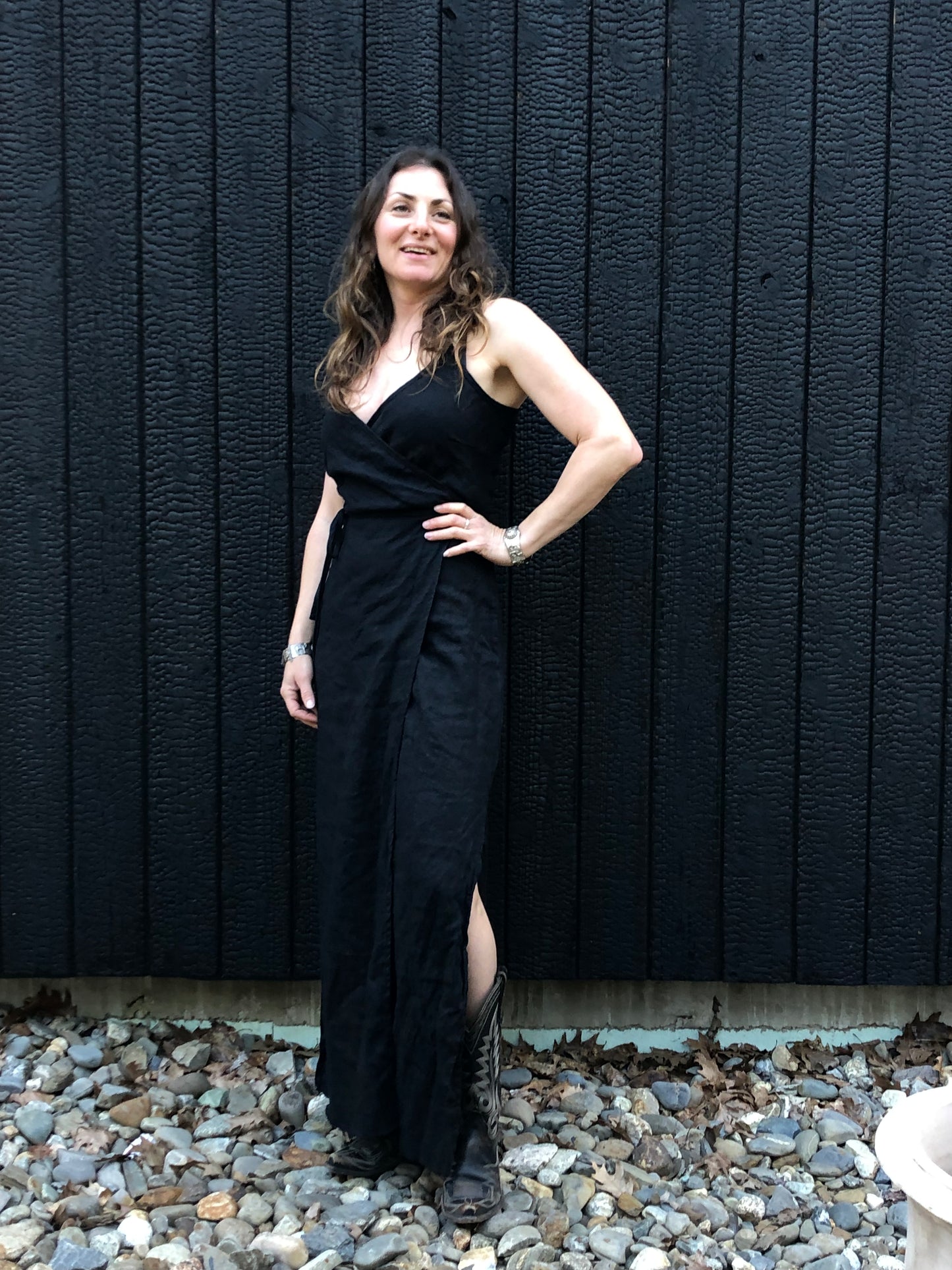 long black linen wrap dress