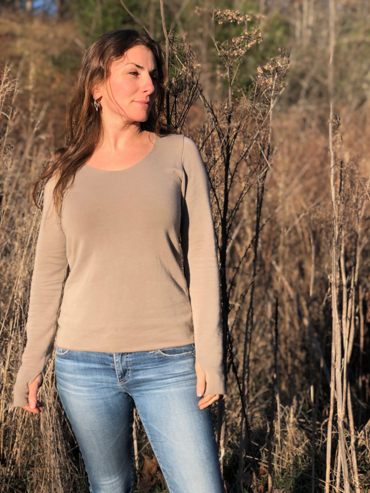 scoop neck long sleeved top with thumb holes in taupe