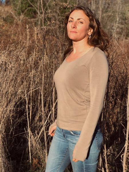 scoop neck long sleeved top with thumb holes in taupe