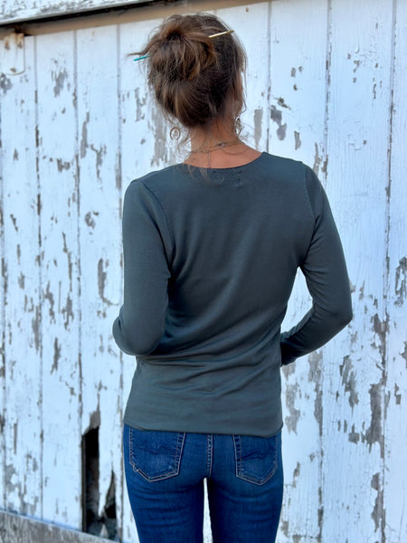 scoop neck long sleeved top with thumb holes in sea spruce
