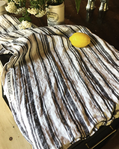 black and white striped linen tea towel